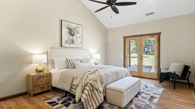 38415 N Hatch Rd, Deer Park, WA 99006 - bedroom with access to outside, light wood-style floors, high vaulted ceiling, a ceiling fan, and french doors
