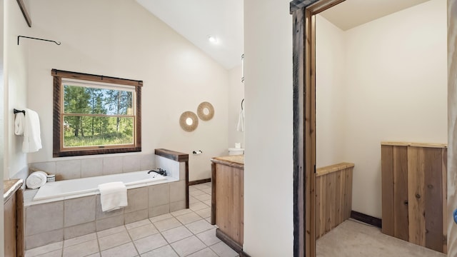 38415 N Hatch Rd, Deer Park, WA 99006 - full bathroom with vanity, a bath, tile patterned flooring, and high vaulted ceiling