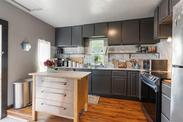 2624 E Boone Ave, Spokane, WA 99202 - kitchen with appliances with stainless steel finishes, decorative backsplash, and dark wood-type flooring
