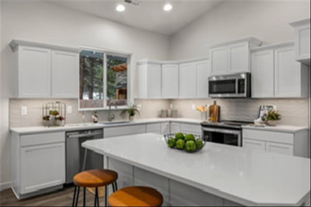 1301 S Roberts Rd, Newport, WA 99156 - kitchen with stainless steel appliances, a breakfast bar, light countertops, a kitchen island, and tasteful backsplash
