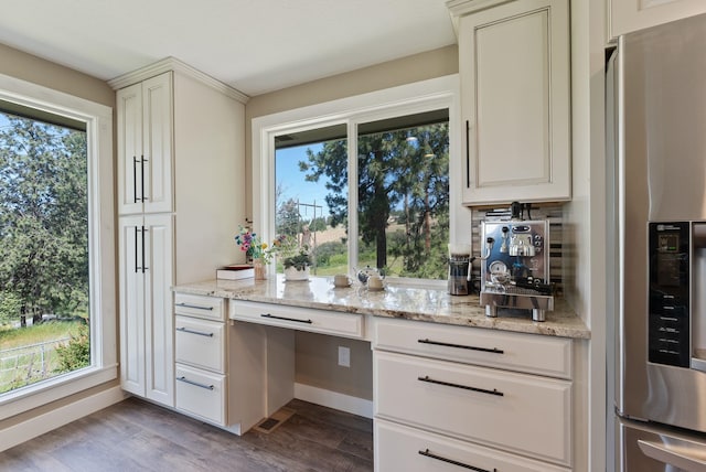 6221 N Highview Ln, Spokane Valley, WA 99217 - kitchen featuring stainless steel fridge, wood finished floors, and light stone counters