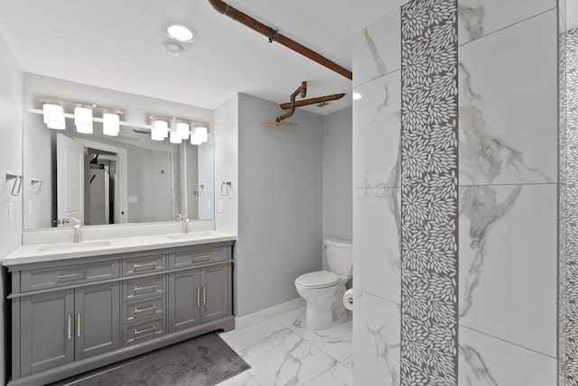 6221 N Highview Ln, Spokane Valley, WA 99217 - full bathroom with marble look tiles, double vanity, and a shower