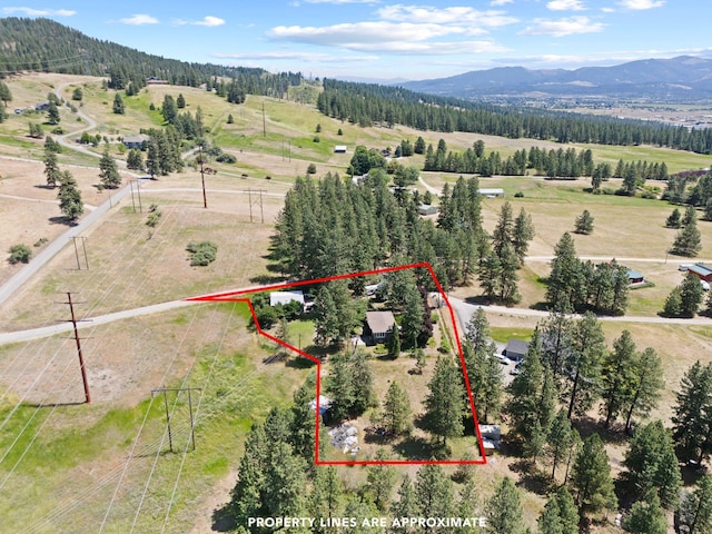 6221 N Highview Ln, Spokane Valley, WA 99217 - aerial view of sparsely populated area with a mountain backdrop and property boundaries highlighted