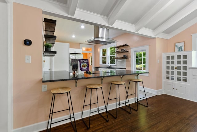 2026 W 9th Ave, Spokane, WA 99204 - kitchen featuring extractor fan, beamed ceiling, open shelves, stainless steel fridge with ice dispenser, and a kitchen bar