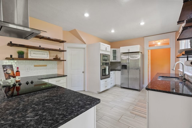 2026 W 9th Ave, Spokane, WA 99204 - kitchen with appliances with stainless steel finishes, open shelves, wall chimney exhaust hood, tasteful backsplash, and recessed lighting