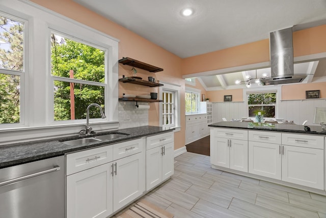 2026 W 9th Ave, Spokane, WA 99204 - kitchen with range hood, stainless steel dishwasher, tasteful backsplash, white cabinets, and open shelves