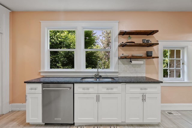 2026 W 9th Ave, Spokane, WA 99204 - kitchen with stainless steel dishwasher, dark stone countertops, white cabinets, tasteful backsplash, and open shelves