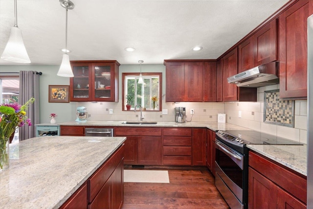 1616 N Ritchey Rd, Reardan, WA 99029 - kitchen with electric stove, under cabinet range hood, dark wood-style flooring, tasteful backsplash, and recessed lighting