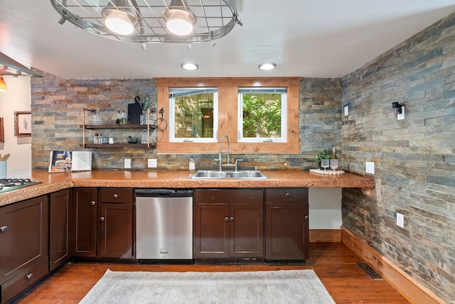 1420 W Main Ave, Spokane, WA 99201 - kitchen with appliances with stainless steel finishes, wood finished floors, open shelves, dark brown cabinets, and light countertops