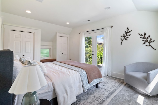 1420 W Main Ave, Spokane, WA 99201 - bedroom with vaulted ceiling, multiple closets, recessed lighting, french doors, and access to outside