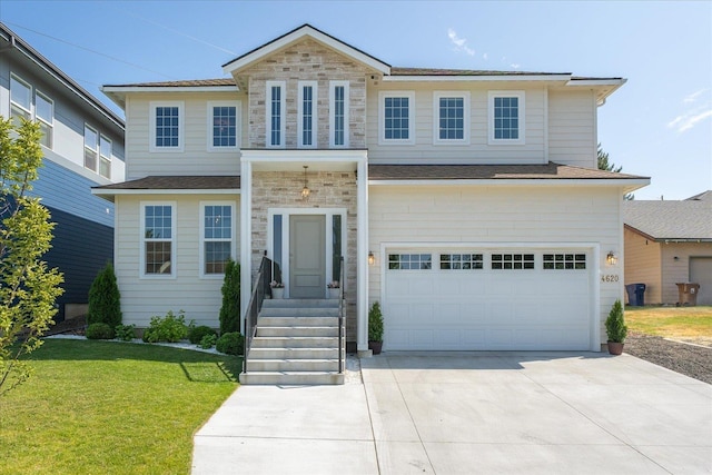 4620 E 43rd Ave, Spokane, WA 99223 - traditional-style home featuring driveway, a garage, a front lawn, and a shingled roof