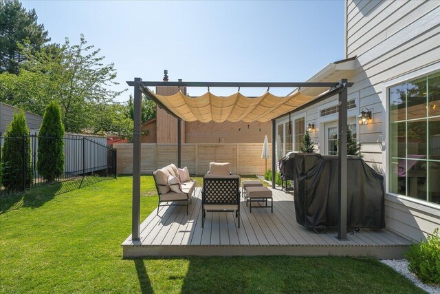 4620 E 43rd Ave, Spokane, WA 99223 - wooden terrace featuring a fenced backyard, a grill, and outdoor lounge area