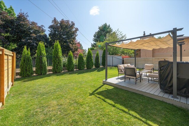 4620 E 43rd Ave, Spokane, WA 99223 - fenced backyard featuring a wooden deck and outdoor lounge area