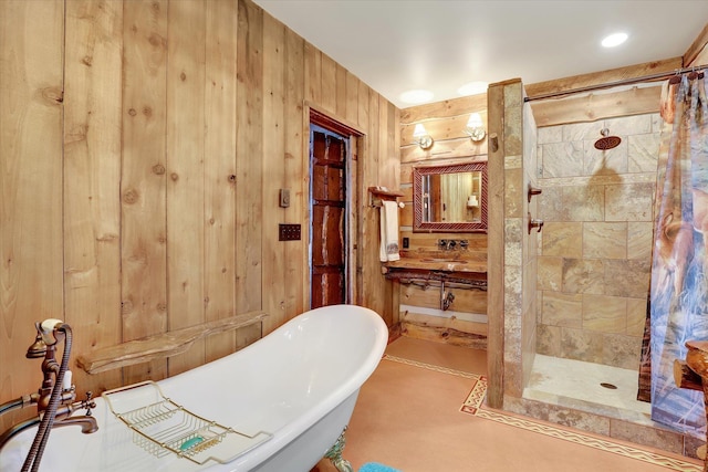 4629 Mix Way, Loon Lake, WA 99148 - bathroom featuring wood walls, a tile shower, and a freestanding tub