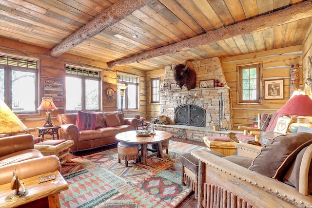 4629 Mix Way, Loon Lake, WA 99148 - living room featuring a fireplace, a wood ceiling with exposed beams, hardwood / wood-style floors, and wooden walls