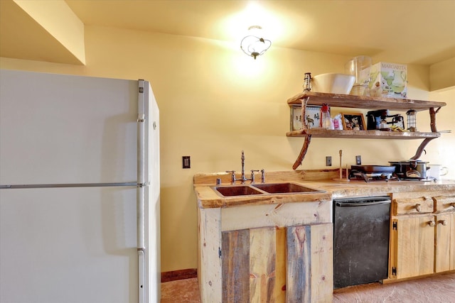 4629 Mix Way, Loon Lake, WA 99148 - kitchen featuring freestanding refrigerator, open shelves, light countertops, and black dishwasher