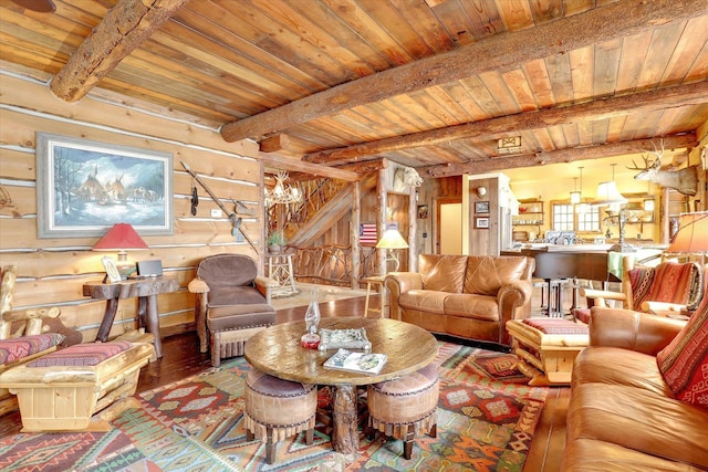 4629 Mix Way, Loon Lake, WA 99148 - living area featuring a wood ceiling with exposed beams, wood-type flooring, wood walls, and a chandelier