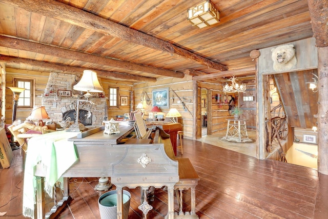4629 Mix Way, Loon Lake, WA 99148 - living room with hardwood / wood-style flooring, a wood ceiling with exposed beams, a chandelier, and a stone fireplace