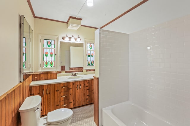 1107 W 19th Ave, Spokane, WA 99203 - full bathroom with vanity,  shower combination, ornamental molding, and wainscoting