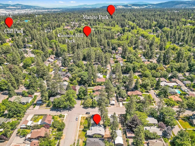 1107 W 19th Ave, Spokane, WA 99203 - aerial overview of property's location featuring a heavily wooded area and mountains