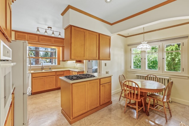 1107 W 19th Ave, Spokane, WA 99203 - kitchen with stainless steel gas cooktop, ornamental molding, freestanding refrigerator, plenty of natural light, and light countertops