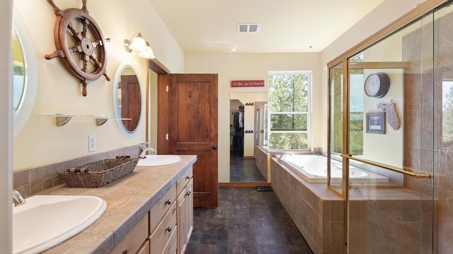 19918 E Pheasant Dr, Greenacres, WA 99016 - full bath with wood finished floors, double vanity, a bath, and tiled shower