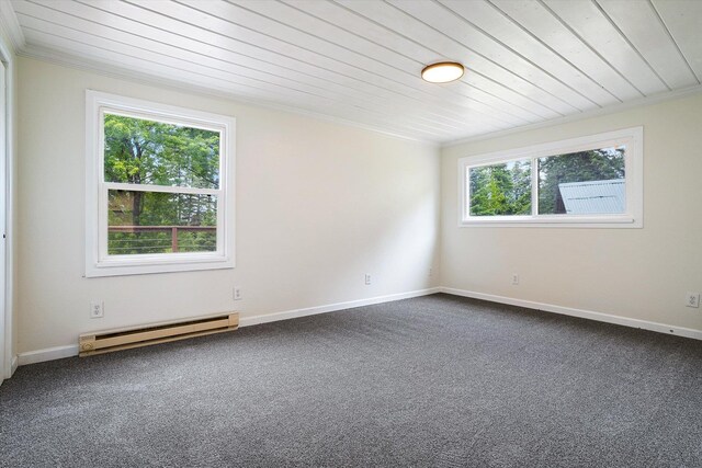 1541 Thompson Rd, Elk, WA 99009 - spare room featuring a baseboard radiator, wooden ceiling, crown molding, and dark carpet
