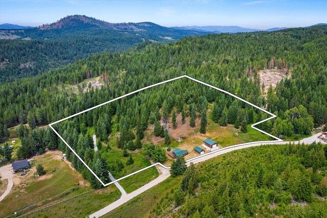 1541 Thompson Rd, Elk, WA 99009 - aerial view of property and surrounding area featuring a mountain backdrop and property boundaries highlighted