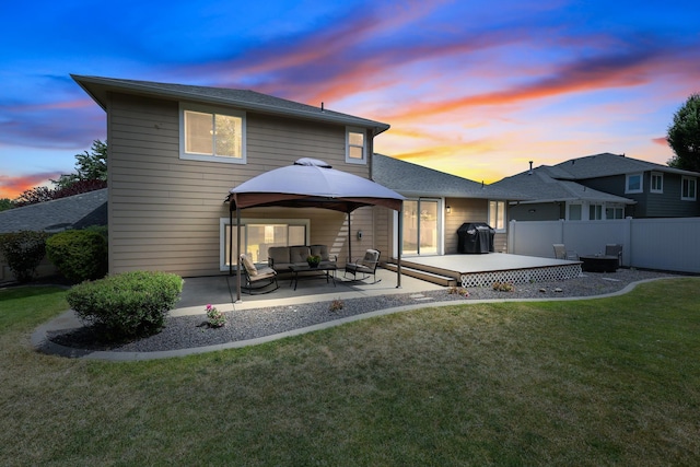 1308 S Drummond Rd, Spokane Valley, WA 99016 - back of house with an outdoor hangout area, a gazebo, a patio, a wooden deck, and roof with shingles