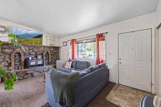 6503 N Calispel St, Spokane, WA 99208 - carpeted living area with a wood stove and lofted ceiling
