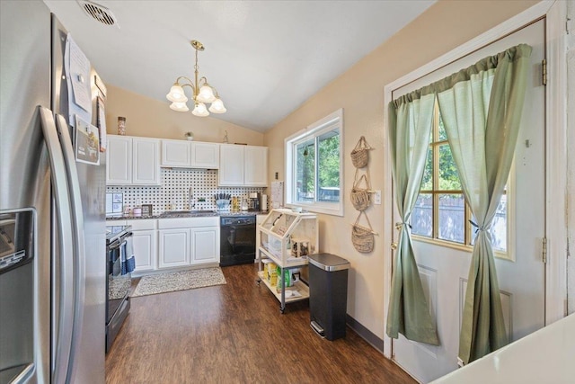 6503 N Calispel St, Spokane, WA 99208 - kitchen with black appliances, a chandelier, dark wood-type flooring, white cabinets, and vaulted ceiling