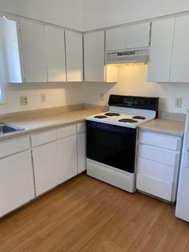 2526 W Sinto Ave, Spokane, WA 99201 - kitchen with electric range, range hood, light wood-style flooring, and light countertops