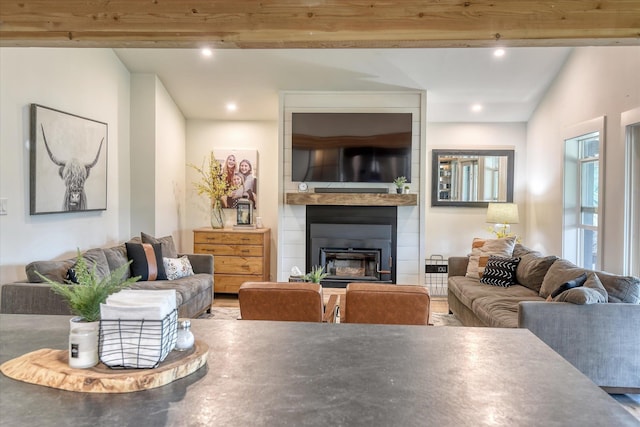 33348 Lakeview Ln, Valley, WA 99181 - living area with beam ceiling, a fireplace, and recessed lighting