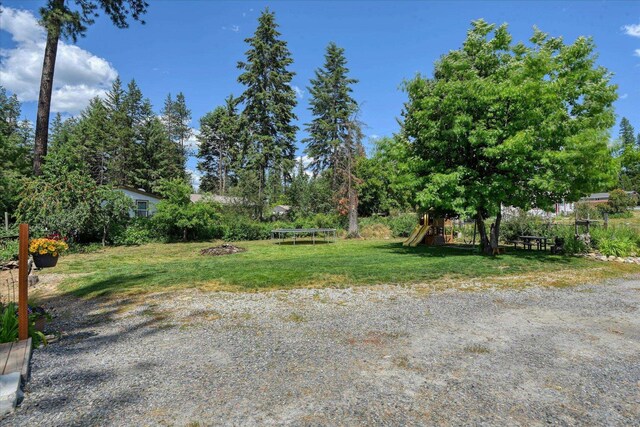 33348 Lakeview Ln, Valley, WA 99181 - view of green lawn featuring a trampoline, a playground, and view of scattered trees