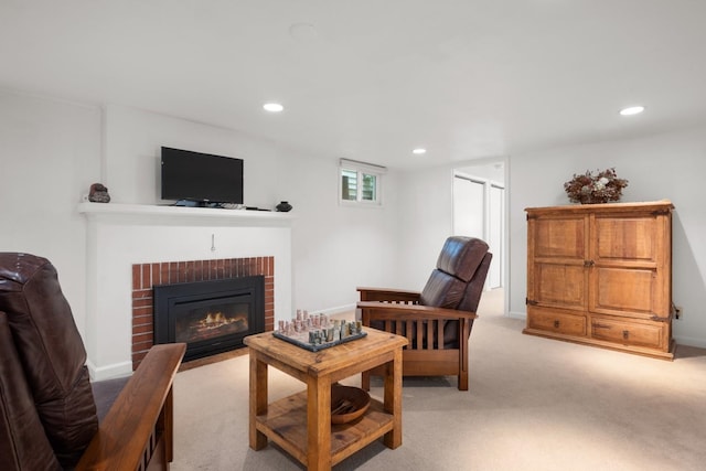 203 W 21st Ave, Spokane, WA 99203 - living room with a brick fireplace, carpet flooring, and recessed lighting