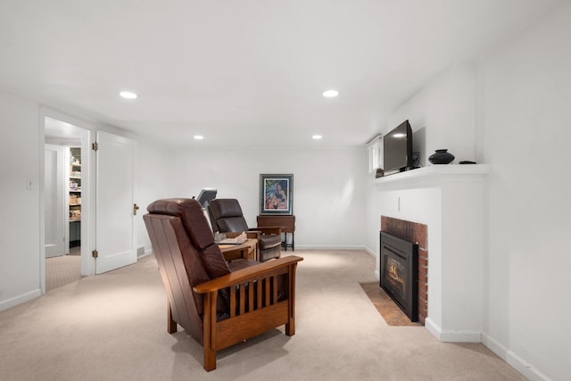 203 W 21st Ave, Spokane, WA 99203 - living area featuring light carpet, a fireplace, and recessed lighting