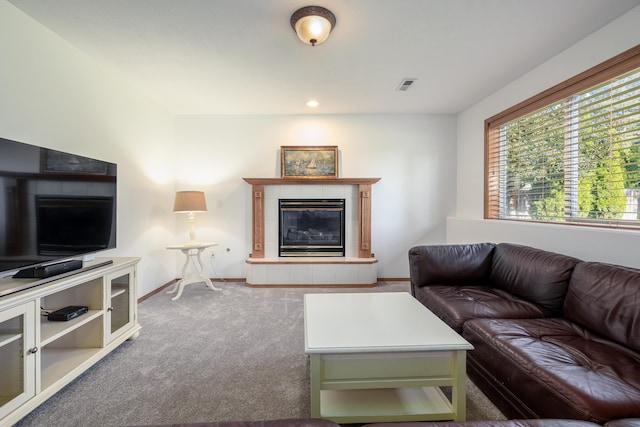 5622 E Sheffield, Colbert, WA 99005 - living room with carpet floors, a tiled fireplace, and recessed lighting