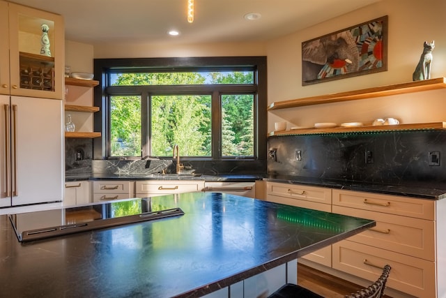 210 3rd St, Dover, ID 83825 - kitchen featuring open shelves, decorative backsplash, recessed lighting, and white cabinets