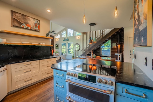 210 3rd St, Dover, ID 83825 - kitchen featuring high end range, open shelves, dark wood-style floors, white cabinets, and hanging light fixtures
