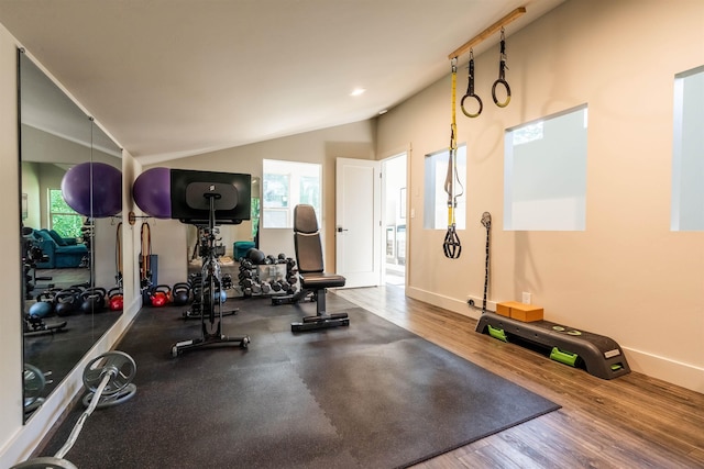 210 3rd St, Dover, ID 83825 - workout area with lofted ceiling, wood finished floors, and recessed lighting