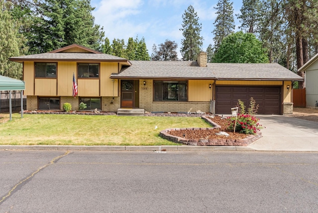 10818 N Humboldt Dr, Spokane, WA 99218 - split level home featuring concrete driveway, a garage, a chimney, brick siding, and a shingled roof