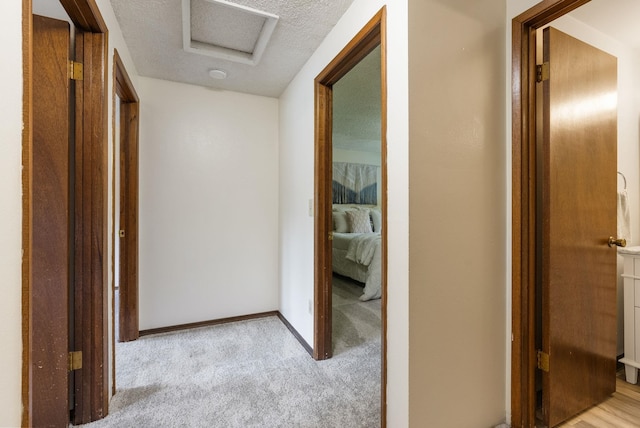 10818 N Humboldt Dr, Spokane, WA 99218 - corridor with light colored carpet, attic access, and a textured ceiling