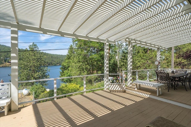 2008 S Zephyr Rd, Liberty Lake, WA 99019 - wooden terrace with a pergola, outdoor dining area, and a water view