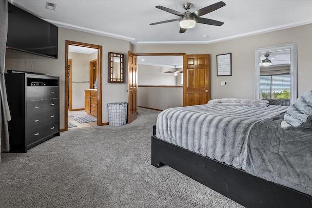 2813 S Steen Ln, Greenacres, WA 99016 - carpeted bedroom with a ceiling fan, ornamental molding, and ensuite bath