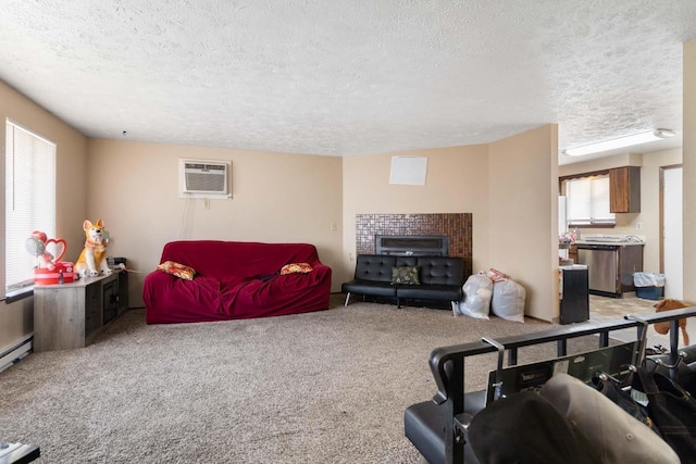 1526-1528 E Rowan Ave, Spokane, WA 99207 - living room featuring a wall mounted air conditioner, a textured ceiling, and light colored carpet