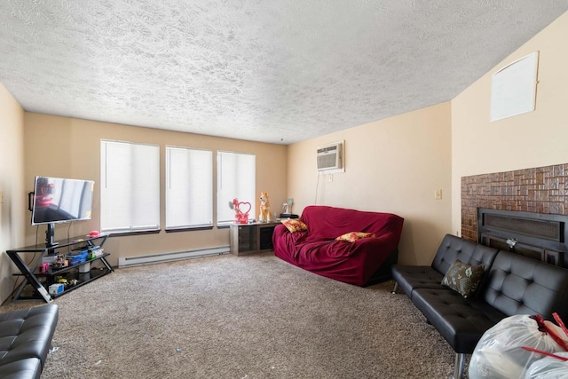 1526-1528 E Rowan Ave, Spokane, WA 99207 - living room featuring baseboard heating, a textured ceiling, carpet, a fireplace, and a wall unit AC