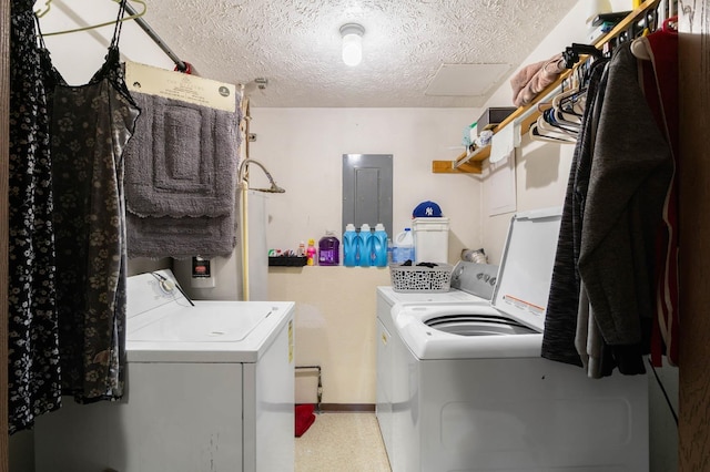 1526-1528 E Rowan Ave, Spokane, WA 99207 - laundry room with washing machine and dryer, electric panel, a textured ceiling, and water heater