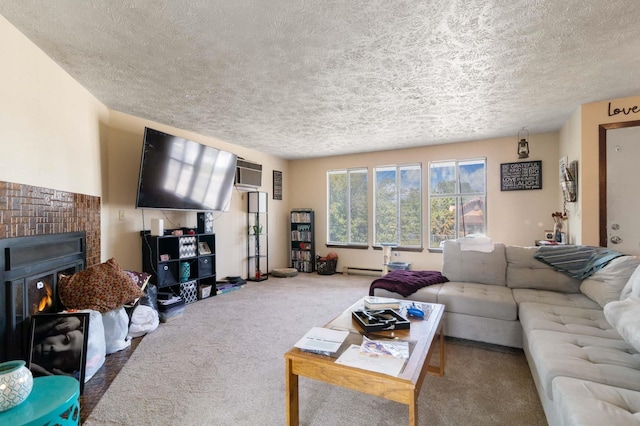 1526-1528 E Rowan Ave, Spokane, WA 99207 - living area with a textured ceiling, carpet, a wall mounted AC, and a baseboard radiator