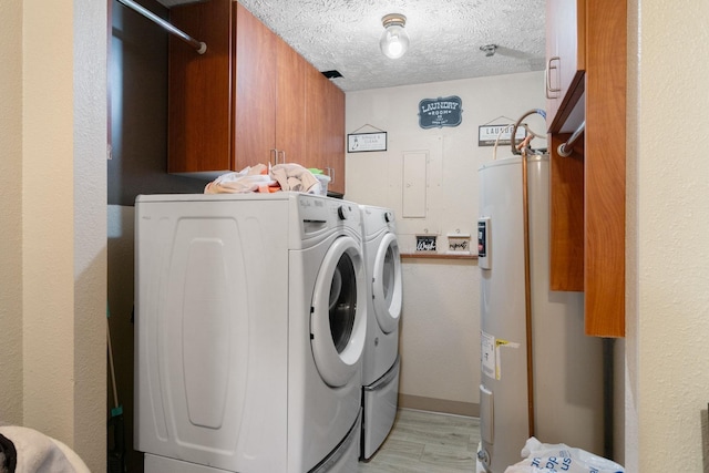 1526-1528 E Rowan Ave, Spokane, WA 99207 - washroom featuring washing machine and clothes dryer, electric water heater, cabinet space, light wood-style floors, and a textured ceiling