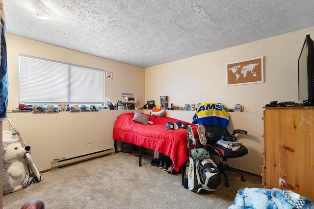 1526-1528 E Rowan Ave, Spokane, WA 99207 - bedroom featuring a baseboard heating unit, carpet flooring, and a textured ceiling